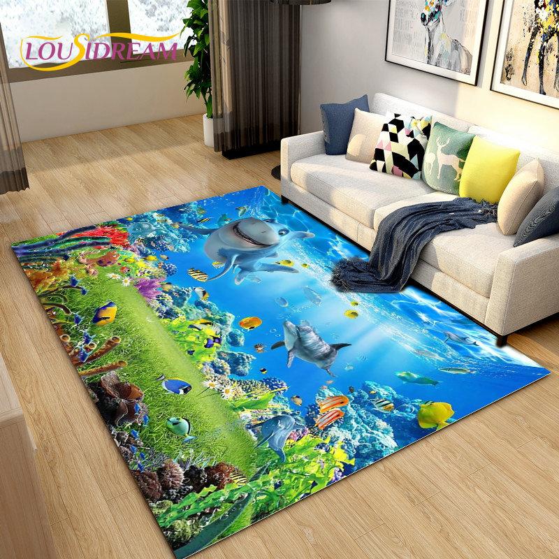 3D Seabed Illusion Underwater World Dolphin Shark Area Rug,Carpet Rug for Living Room Bedroom Sofa Doormat,Non-slip Floor Mat