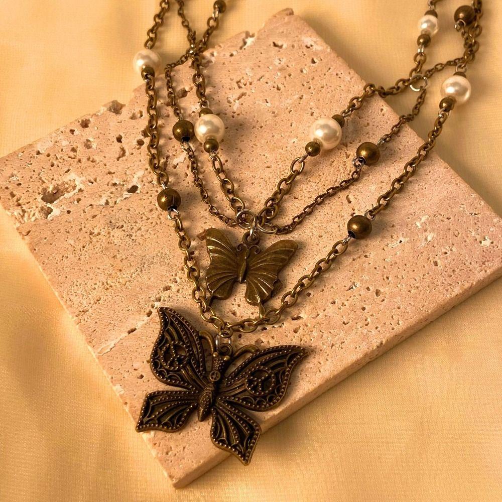 Vintge Butterfly Pearl  Necklace Beaded Women Collarbone Chain Chain Tassel Necklace  Women