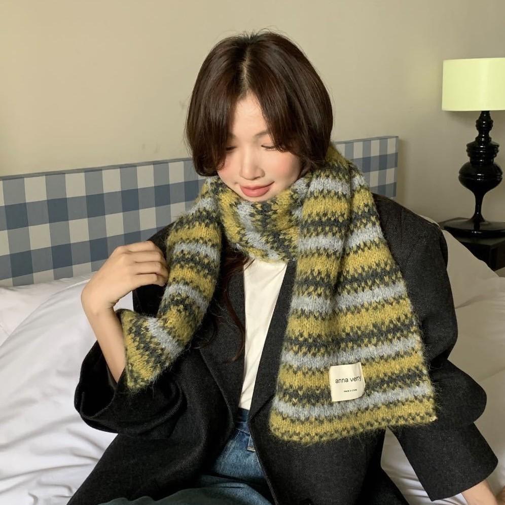 Striped Knitted Scarf for Women Autumn and Winter Thick and Warm College Style Shawl Scarf