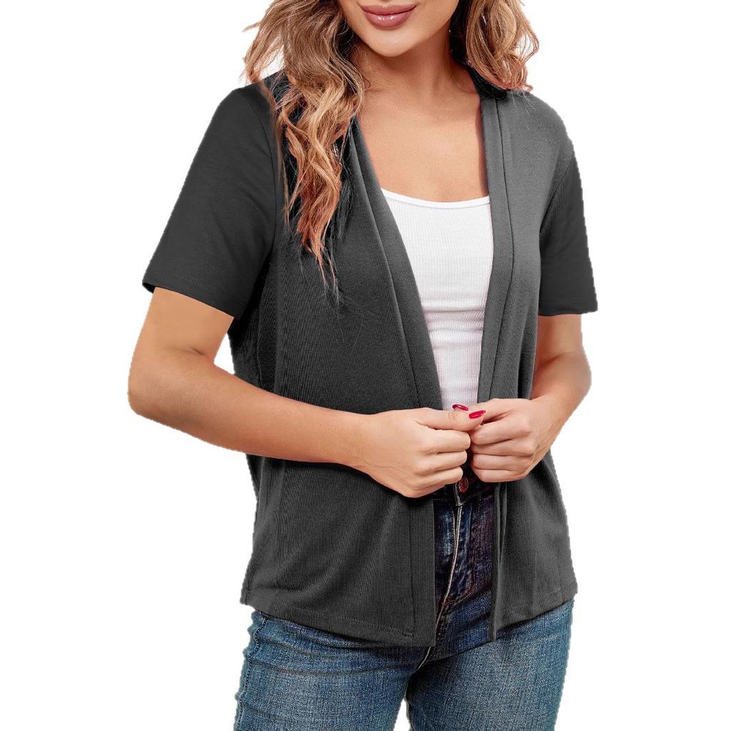 Dámský svetr kardigan s krátkým rukávem, jednobarevný, ležérní, zeštíhlující, všestranný a elegantní top