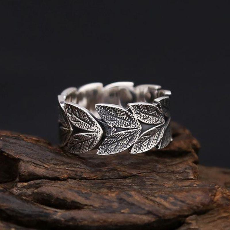 Trendy Brand Leaf Pattern Ring for Men, Retro Fashionable Index Finger Ring with Adjustable Opening