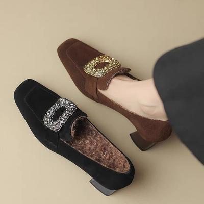 Frosted Leather Square Buckle Rhinestone Thick Heel Single Shoes Women'S Retro Square Head Middle Heel Loafers Shallow Mouth Velvet Women'S Shoes