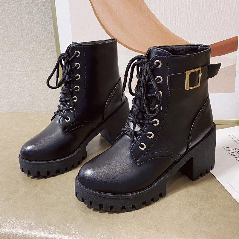 2025 Autumn Women s Plus Size Martin Boots - Round Toe, Chunky High Heel, Lace-up, Trendy Short Boots 42 чёрный