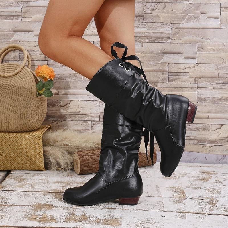 Cross-border New Large-size Lace-up Thin High Boots Women's Autumn and Winter White Student Thick-heeled Leather Knight Boots