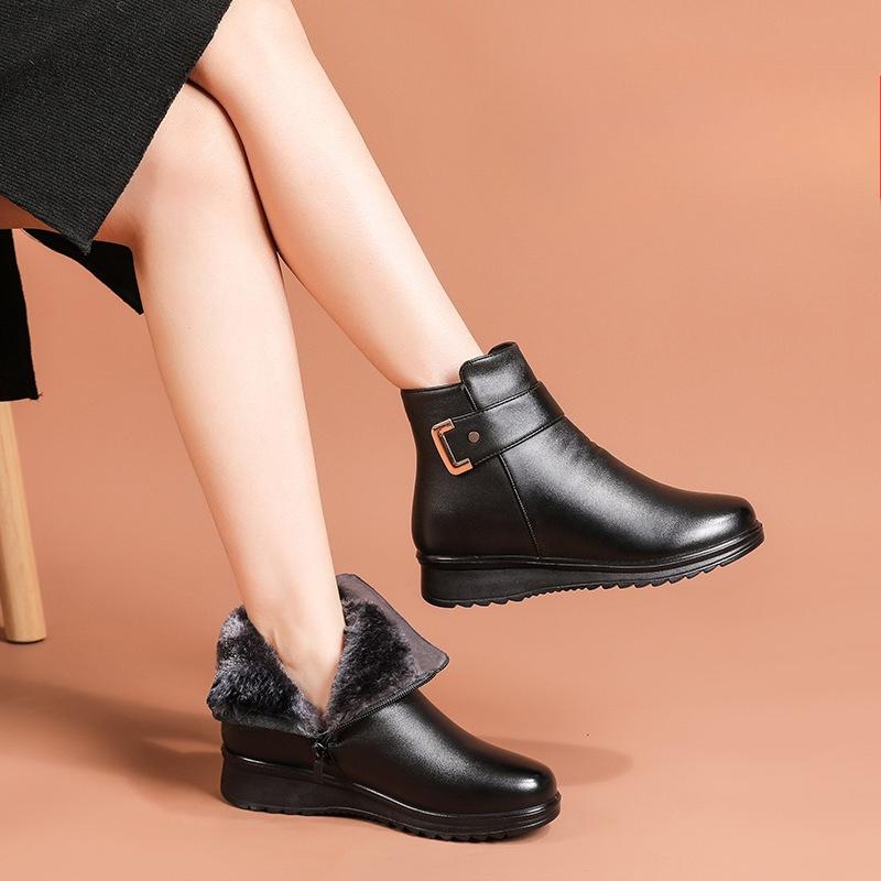 Women Winter Ankle Boots Warm Fleece Lined Anti Slip Leather Shoes for Elderly