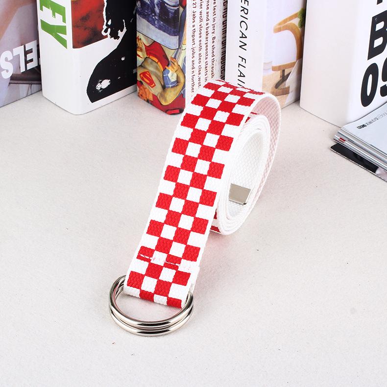 Grid Printed Canvas Belt And Double Loop Buckle Made Of Nylon Woven Material