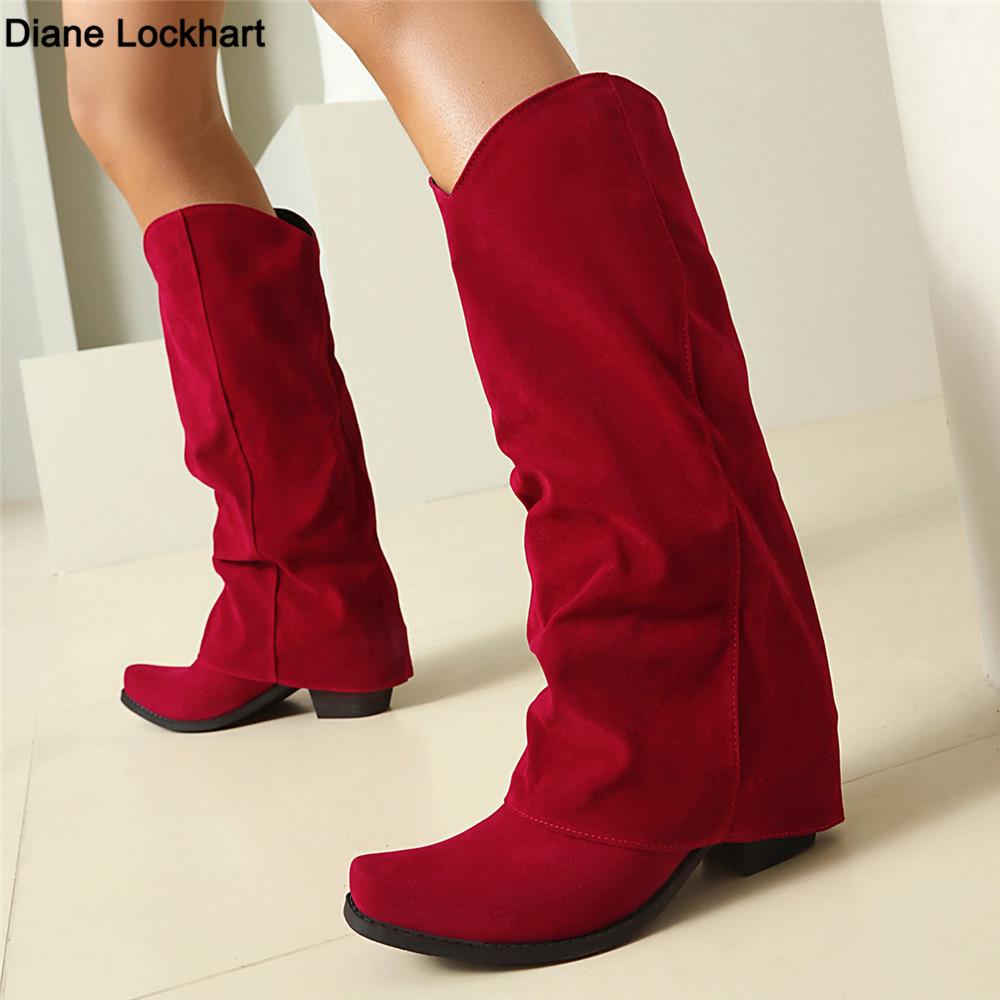 Fashion Women Outdoor Trend Pleats Knee High Boots Autumn New Thick Heeled Pointed Toe Cowboy Boots Woman Slip On Western Long Boots
