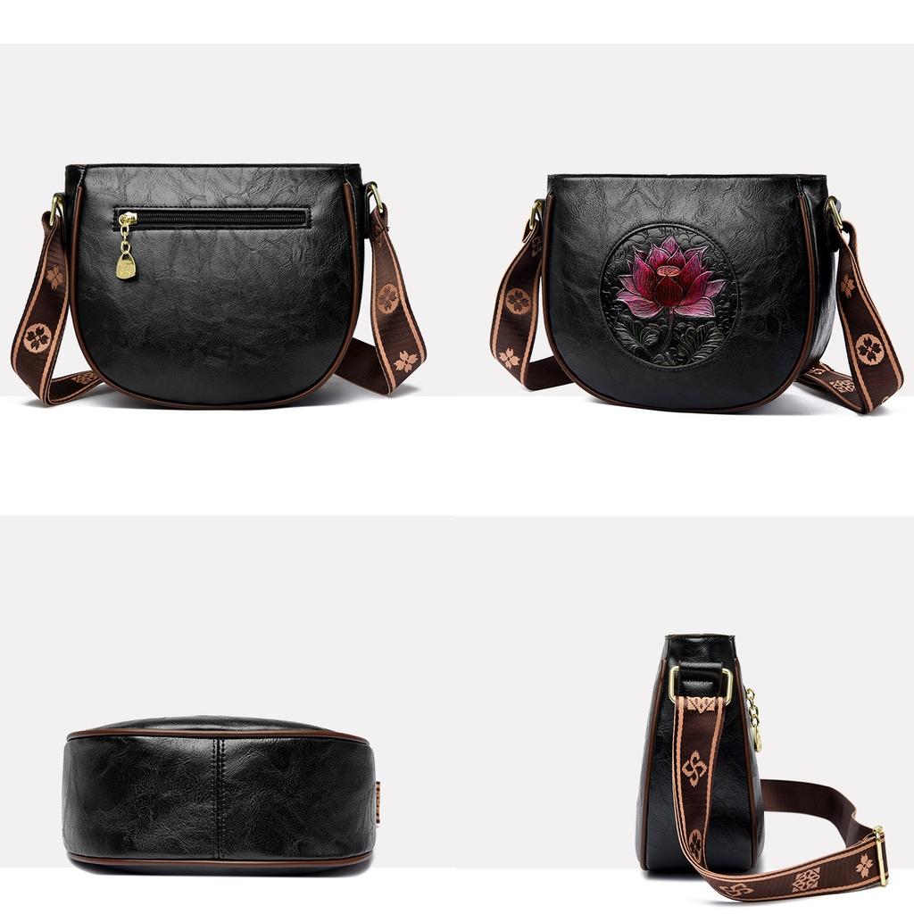 Retro Ethnic Style Crossbody Bag with Lotus Pattern for Ladies