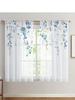 2PC Indigo & Gold Watercolor Floral Vine Sheer Curtains - Elegant Botanical Window Drapes for Kitchen & Living Room