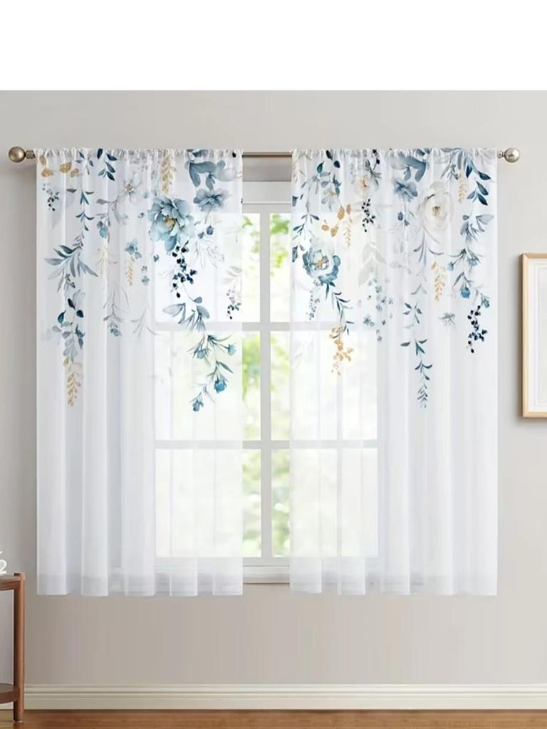 2PC Indigo & Gold Watercolor Floral Vine Sheer Curtains - Elegant Botanical Window Drapes for Kitchen & Living Room