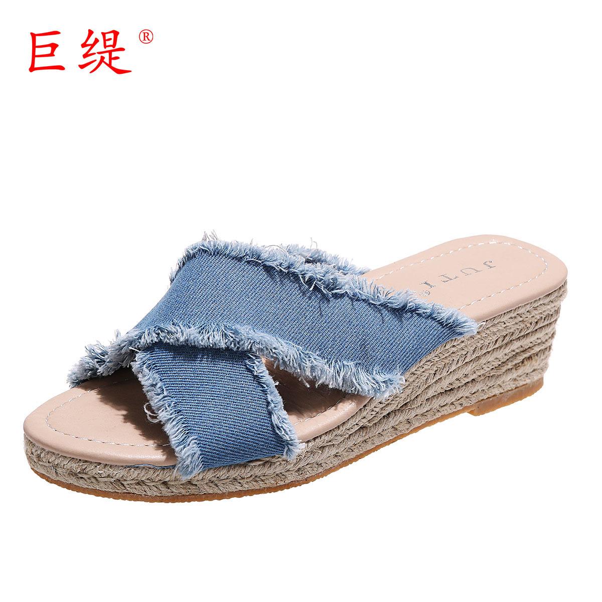 

Perennial model 2025 summer new wish Amazon independent station eaby foreign trade large size wedge hemp rope women s shoes 43 синий