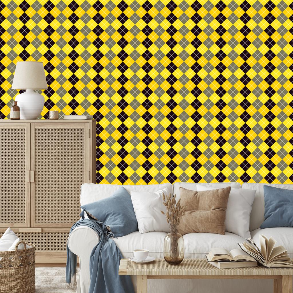 Yellow and brown checkered wallpaper for living room and bedroom 50x1000