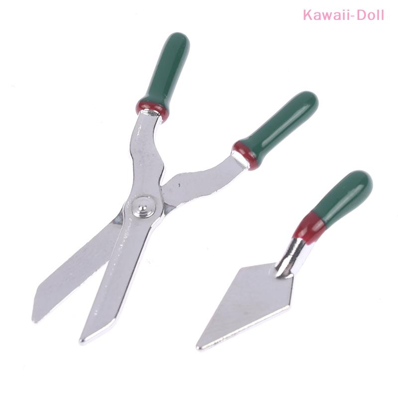 1Set 1: 12 Mini Metal Green Watering Pot Scissors Shovel Model Dollhouse Gardening Tool Set