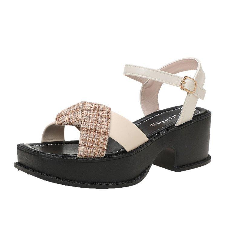 Thick soled sandals for women 2025 spring/summer new Korean version checkered color blocked thick heel square toe sandals
