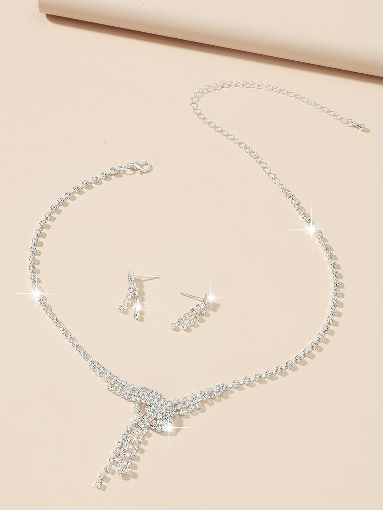 Fashion Rhinestone Love Necklace Earrings Set, Shiny Bridal Necklace Earrings