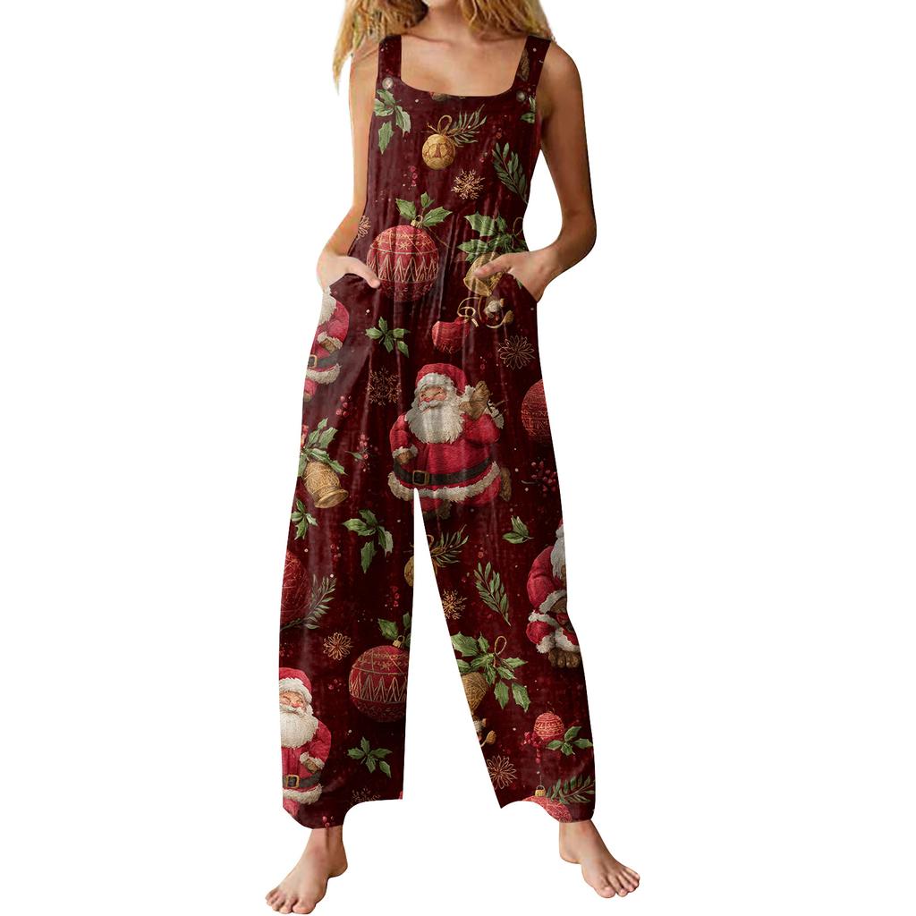 Womens Casual Overalls Jumpsuits Adjustable Straps Sleeveless Print Comfy Rompers With Pocket