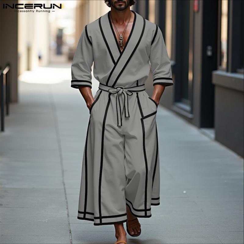 INCERUN 2PCS Men Lapel Neck 3/4 Sleeve Stitching Belt Shirt Long Wide Leg Pants Sets Outfits