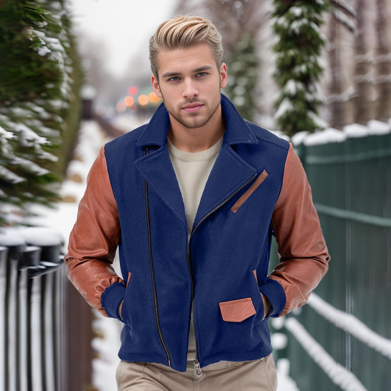 

Men s Patchwork Woolen Jacket Lapel Colorblock Coat Casual Slim Fit Zipper Long Sleeve Jacket M