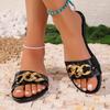 Fashion 2025 New Fashion Women Slippers Square Toe Chain Slippers Flat Beach Sandals  Metal Decoration Casual Shoes Home Slides Women