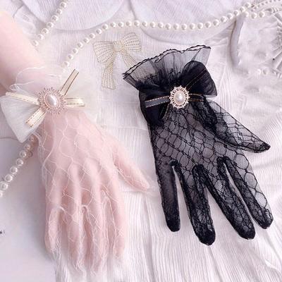 Lolita File Fiyonk Çiçek Dantel Eldivenler Siyah Beyaz Dantel Eldivenler lolita Dantel Kolluklar Cosplay Takıları
