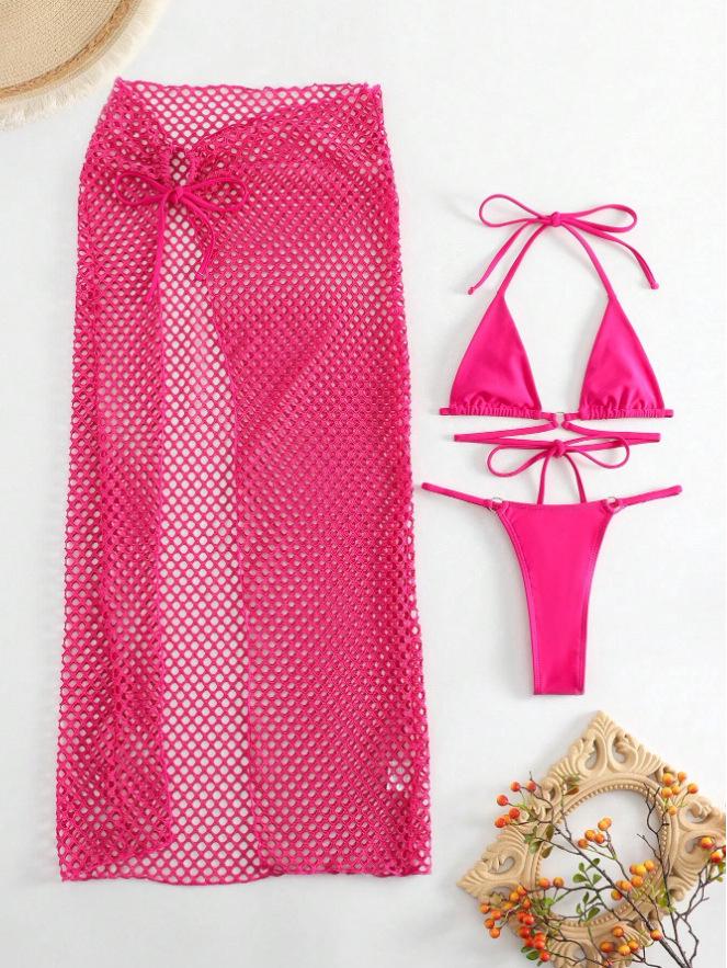 

Женский купальник-тройка: Сексуальный европейский и американский раздельный купальник с однотонной юбкой на шнуровке. Medium фуксия