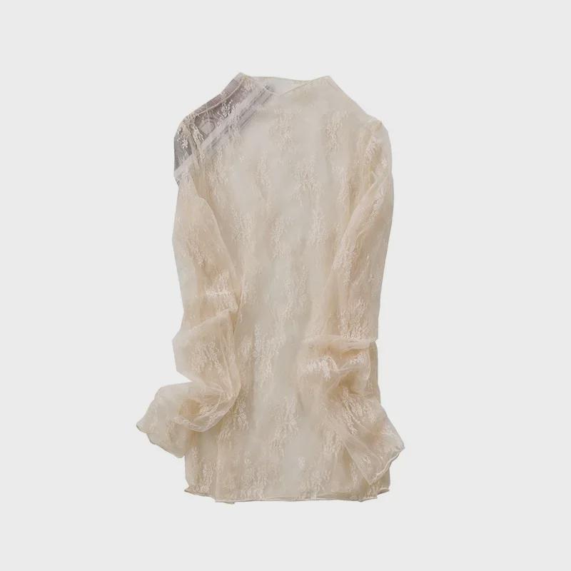 Four Seasons Lace Mesh Semi-High Neck See-Through Long Sleeve Korean-Style Blouse