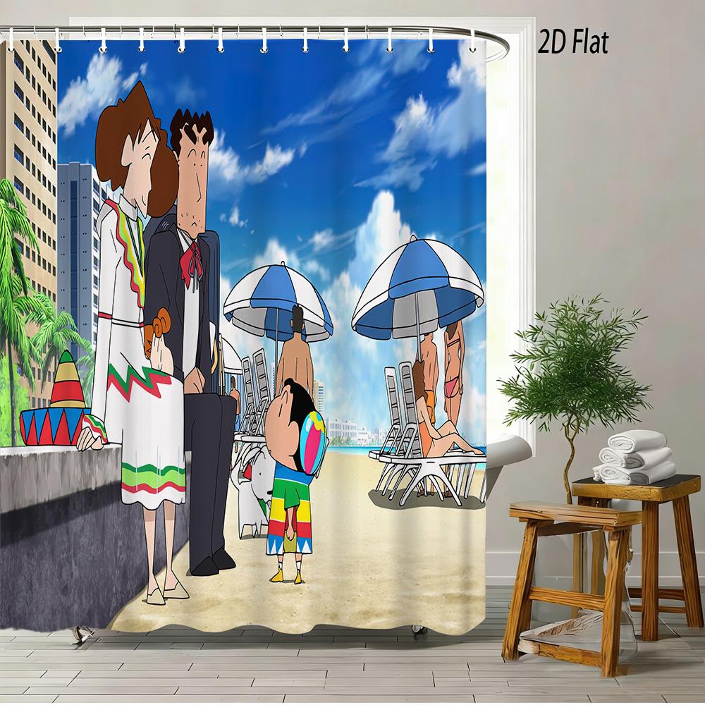 Crayon Shin-Chan The Movie Ora To Hakase No Natsuyasumi 2D Print Waterproof Shower Curtain, Blue Anime Bathroom Decor With Hooks