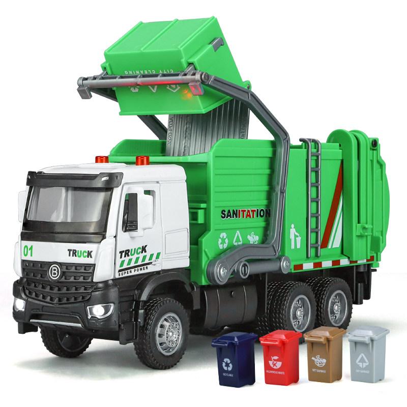 1:35 Urban Sanitation Garbage Truckalloy Metal Diecast Model Car Sound & Light Pull Back Collectibles Ornaments Birthday Gifts