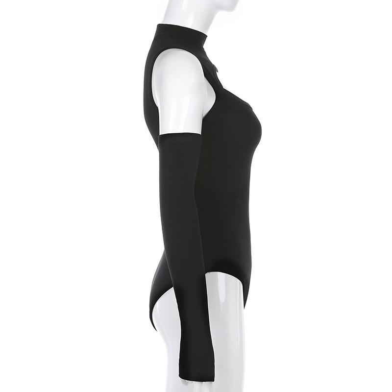 High Fashion Langermet Bodysuit for kvinner Ensfarget Hul Off-Soulder Jumpsuit med halv høy krage