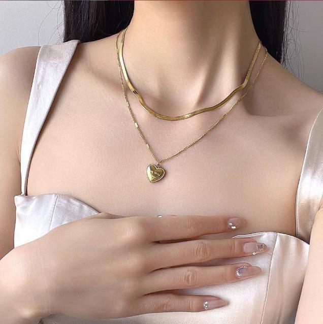 3D Heart Pendant with Letters: Double Layer Stackable Titanium Steel Necklace for Women