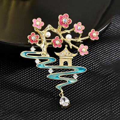 Chinese-style Peach Blossom and Flowing Water Brooch, Exquisite and Fresh Enamel Brooch, Retro and Niche Design Sense Brooch
