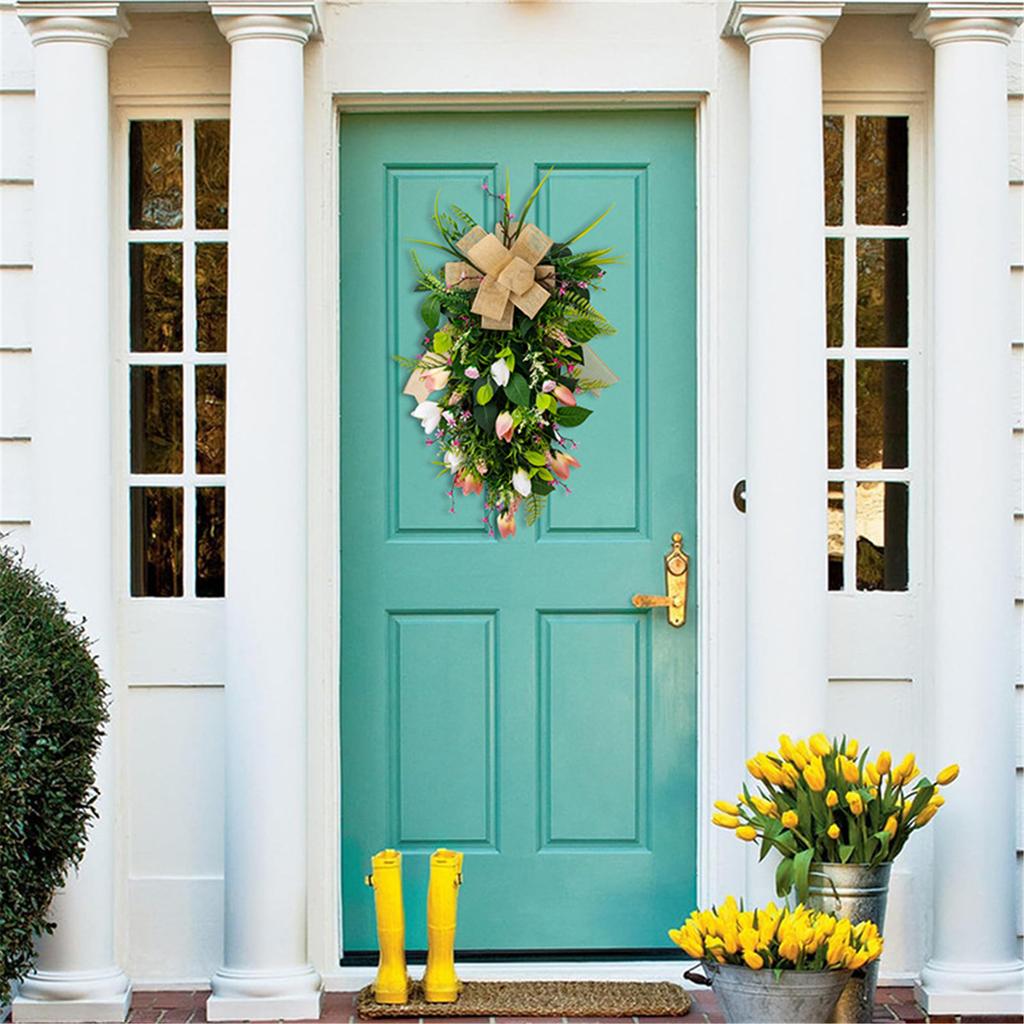 Spring Wreath Artificial Flower Wreath with Bowknot for Front Door Garden Window Outdoor Wedding Decorations