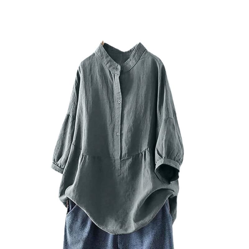 Korean-Style Long Sleeve Stand Collar Pullover Shirt for Women - Autumn/Winter Plus Size Solid Color
