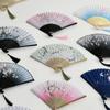 Chinese Japanese Flower Print Folding Silk Bamboo Fan Ornament Art Craft Gift Wedding Dance Performance Hand Fan