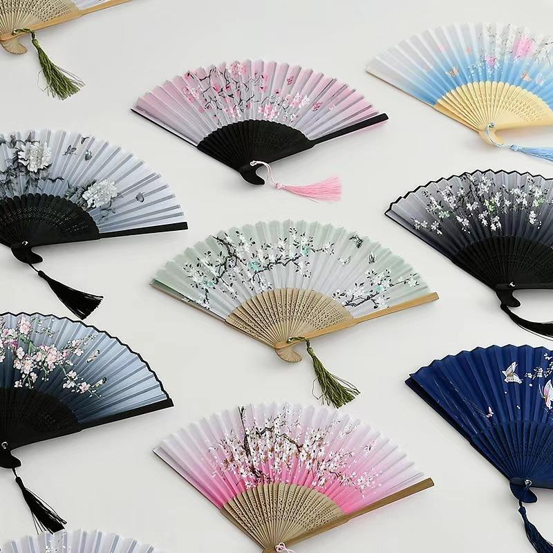 Chinese Japanese Flower Print Folding Silk Bamboo Fan Ornament Art Craft Gift Wedding Dance Performance Hand Fan