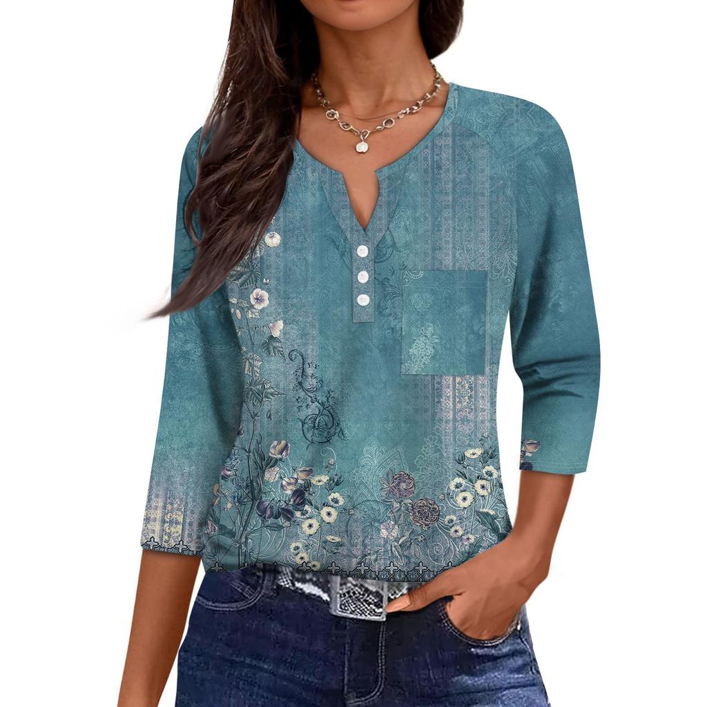Women's Casual Fashion V-neck Loose Versatile Floral Print Three-quarter Sleeves