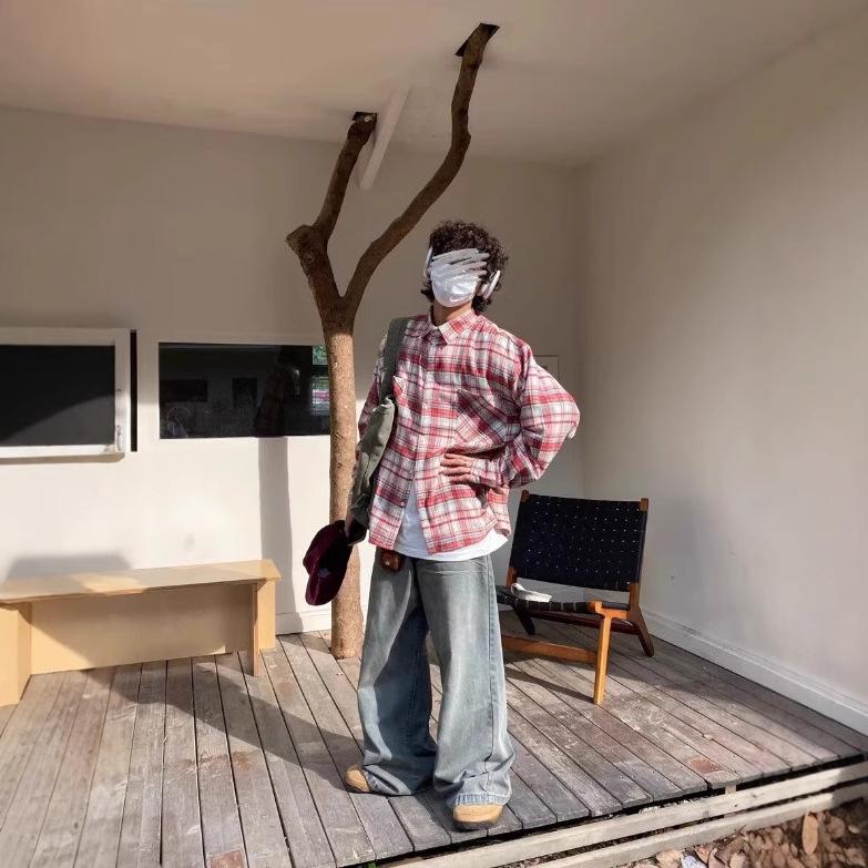 

Men s Retro Plaid Long Sleeve Shirt - Casual, Loose-Fit, Autumn/Spring Versatile Outerwear XXL червоний