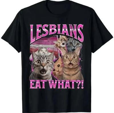 100% Cotton Lesbians Eat What! Funny Cat Gay Pride LGBTQ Pun T-Shirt