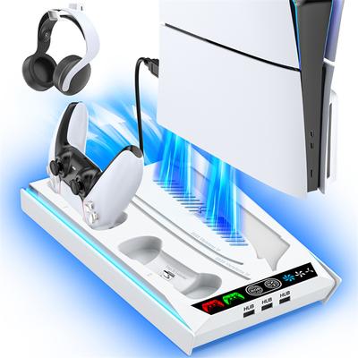 Suport PS5/ PS5 Slim/ PS5 Pro pentru Console cu Disc și Digitale PS5 Stație de Răcire și Încărcare cu Ventilator pe 3 Niveluri Încărcător Controller PS5