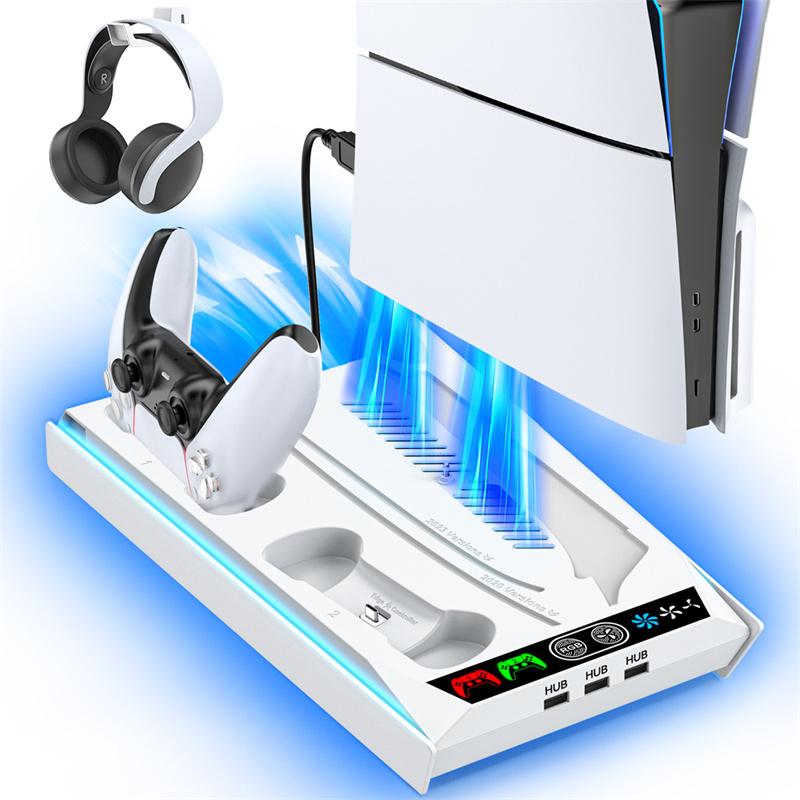 

Подставка для PS5 / PS5 Slim / PS5 Pro для дисковой и цифровой консоли, станция охлаждения и зарядки PS5 с 3-уровневым вентилятором, зарядное устройство для контроллера PS5