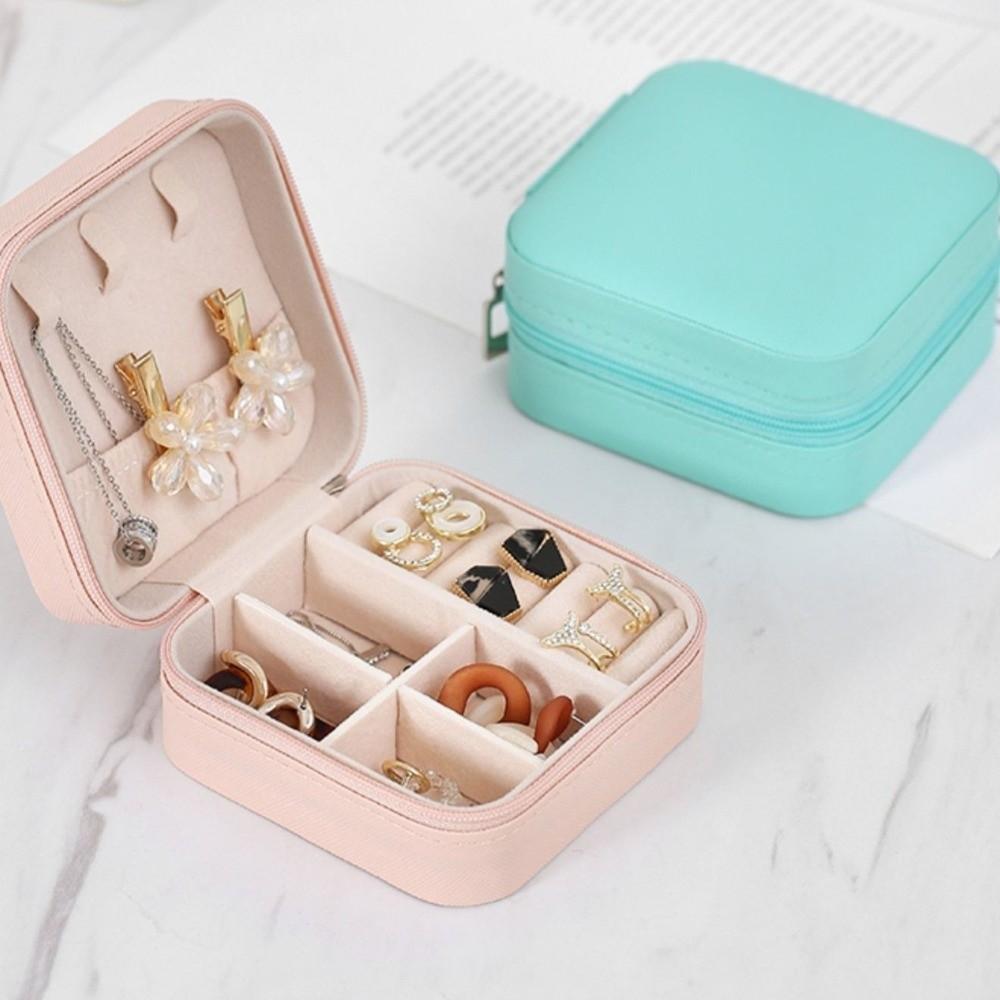 PU Leather Mini Jewelry Storage Zipper Closure Travel Jewelry Box Ring Organizer  Display Box