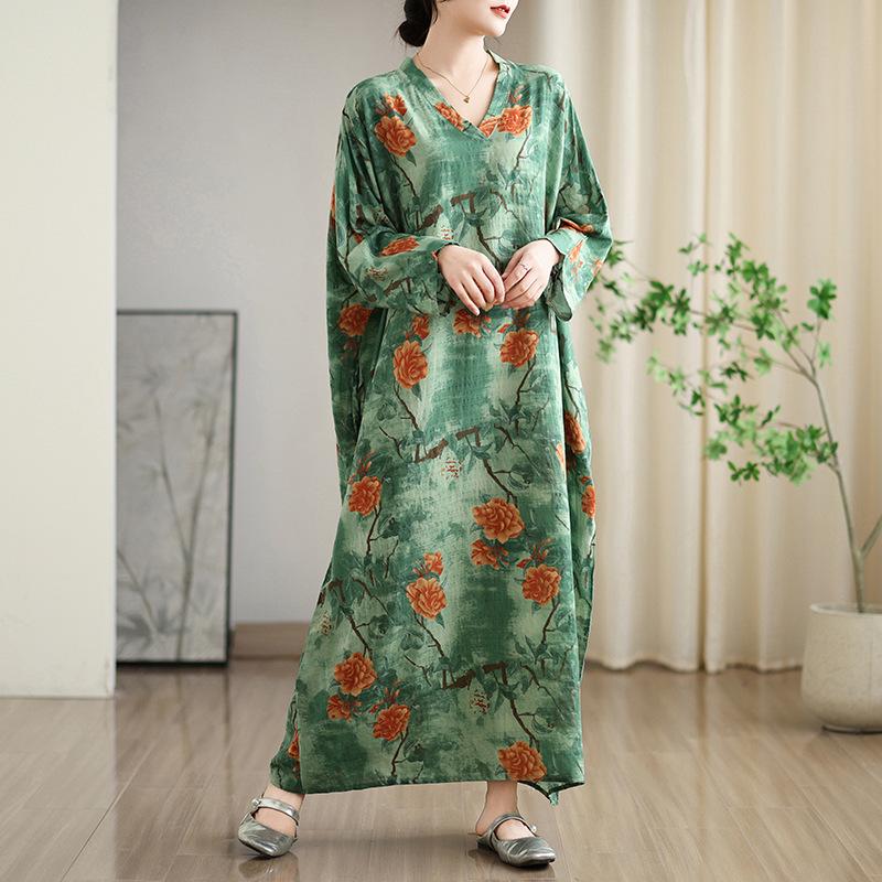 Early Spring Loose Casual Vacation Style V-neck Retro Mid Length Covered Cotton Linen Dress