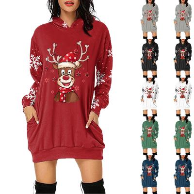 Damen Weihnachten Print Langarm Kapuzenpullover Kleid mit Tasche