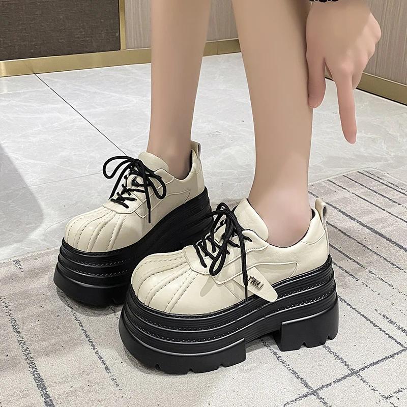New  Spring Women's Leather Sneakers High Platform Lace-up Casual Shoes Thick Sole 10CM Heels Walking Shoes  Mujer