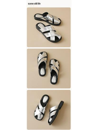 Weiwei 569-1 Dámské stříbrné mule sandály - S uzavřenou špičkou, Korejský vílí styl na léto