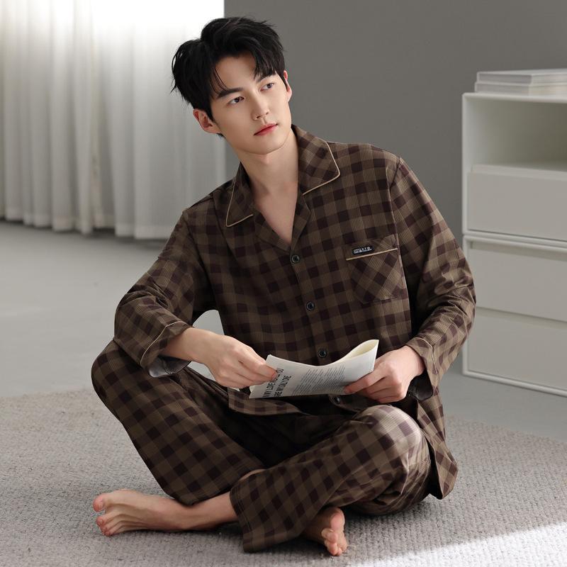 Pure Cotton Pajamas Men'S Loungewear Spring Suit Cardigan Long-Sleeved Plaid Can Be Worn Outside Spring And Autumn Styles