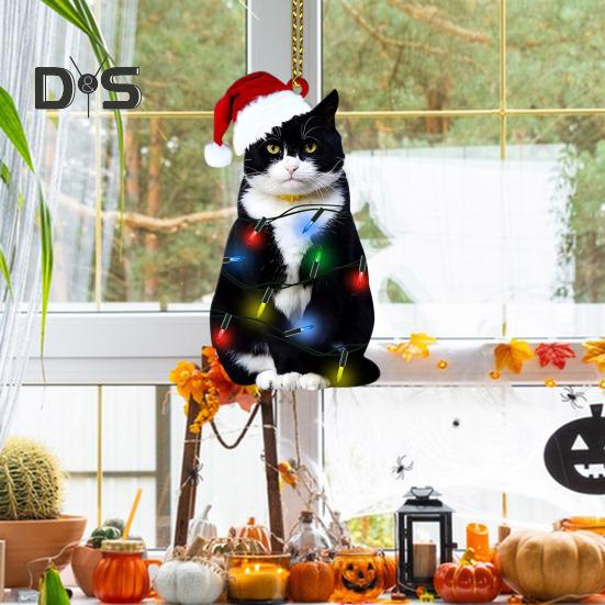 Christmas Cat Pendant Cartoon Cat with Santa Hat Ornament 2D Flat Acrylic Christmas Tree Decoration Cat Keepsake for Home Car Tree Decor