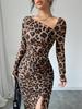 European & American Leopard Print Round Neck Long Sleeve High Waist Dress
