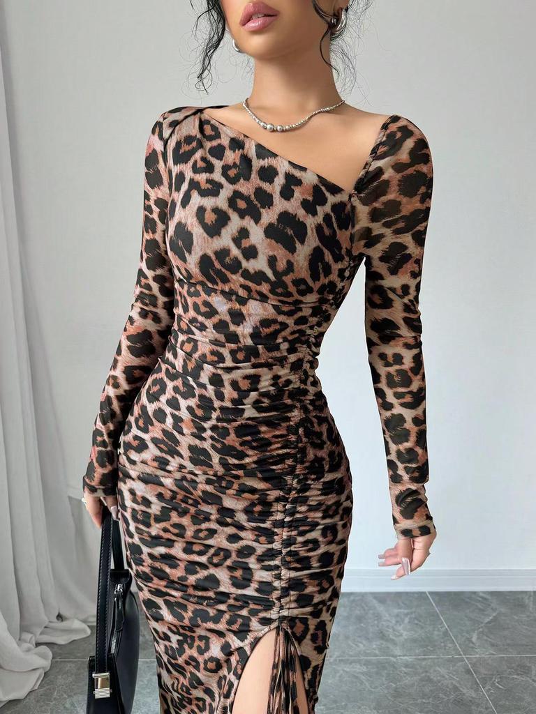 European & American Leopard Print Round Neck Long Sleeve High Waist Dress