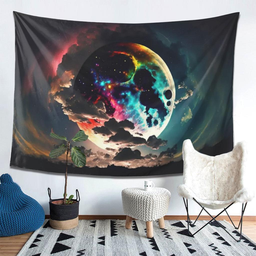 Galactic Moon Tapestry Cosmic Clouds and Nebulae  Enhance Your Bedroom Living Room with Celestial Art for a Dreamy Atmosphere